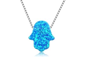 Blue Hamsa Hand Pendant Necklace, Sterling Silver Created Fire Opal, Adjustable Cable...