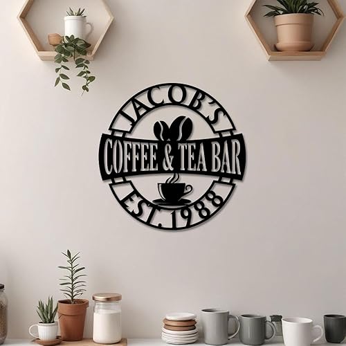 Miniatura 3 de Letrero de barra de café personalizado con nombre y año, arte de pared de metal vintage para estación de café, cocina o cafetería, regalo para
