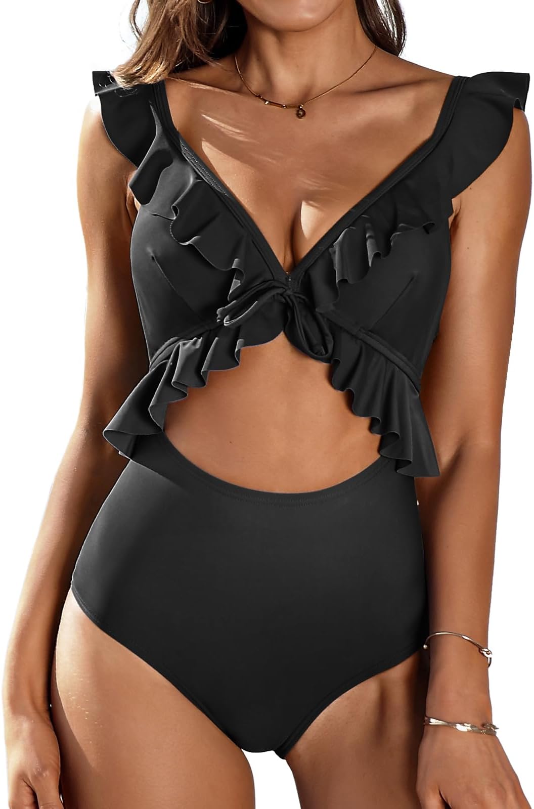 SOCIALA Women's Halter V Neck One Piece Swimsuits Mesh Bathing Suits