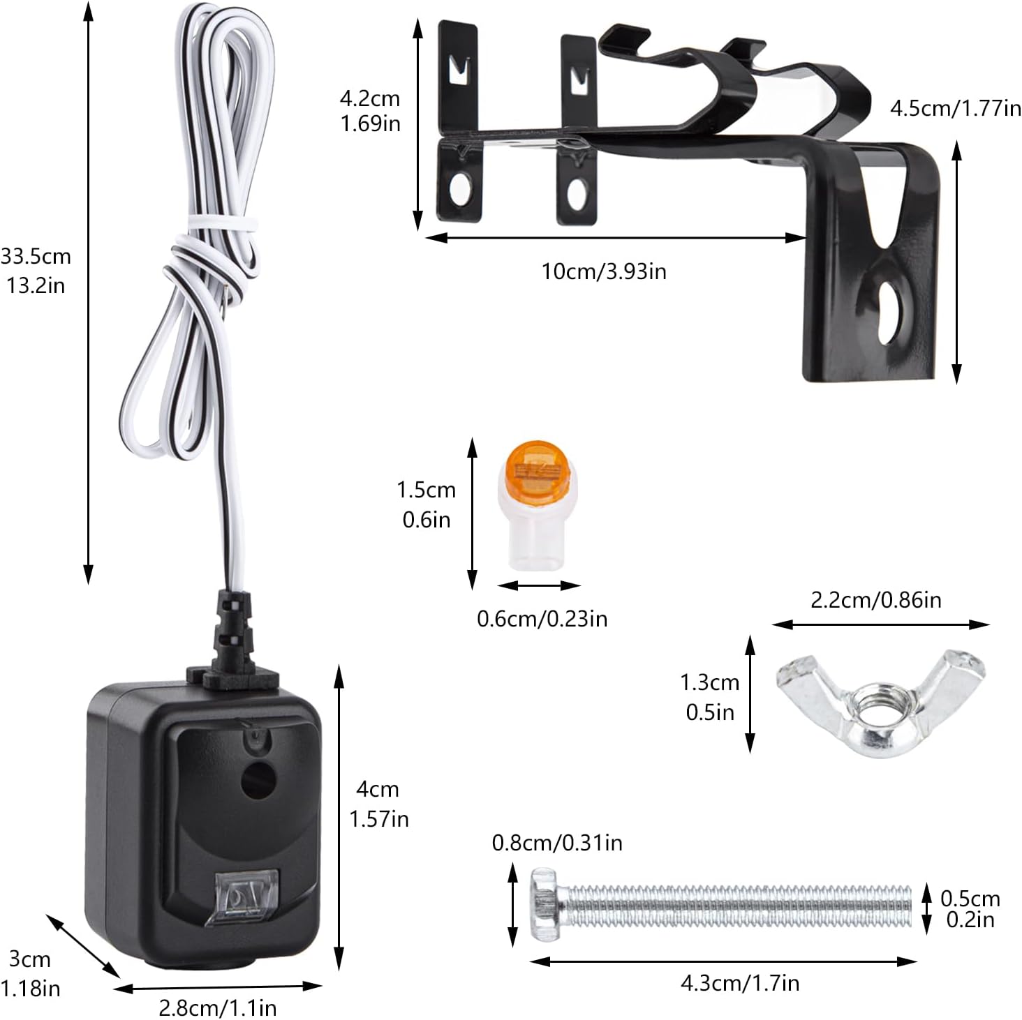 Diagram showing the dimensions of the sensor, bracket, screws, and connectors in centimeters and inches.