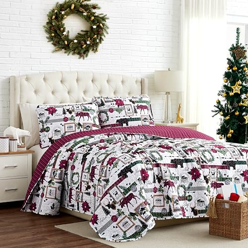 Southshore Fine Living, Inc. King Size Christmas Quilt with Matching Pillow Shams, Holiday Bedding Set, 3-Piece King/California King Quilt Set, Reversible Red Plaid Quilt & Rustic Cabin Print