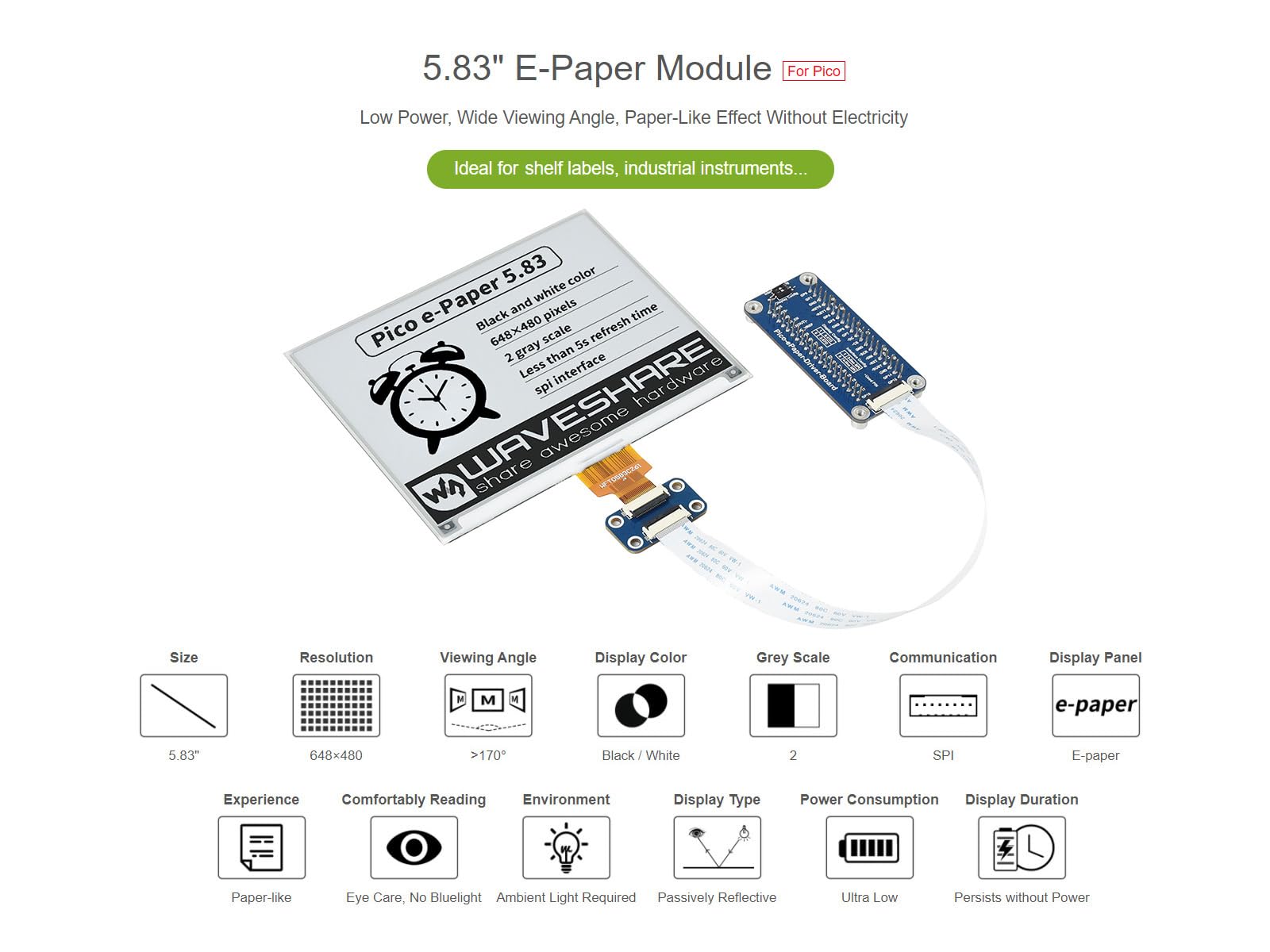 Waveshare 5.83inch E-Paper E-Ink Display Module For Raspberry Pi Pico 648×480 Pixels Black/White SPI Interface