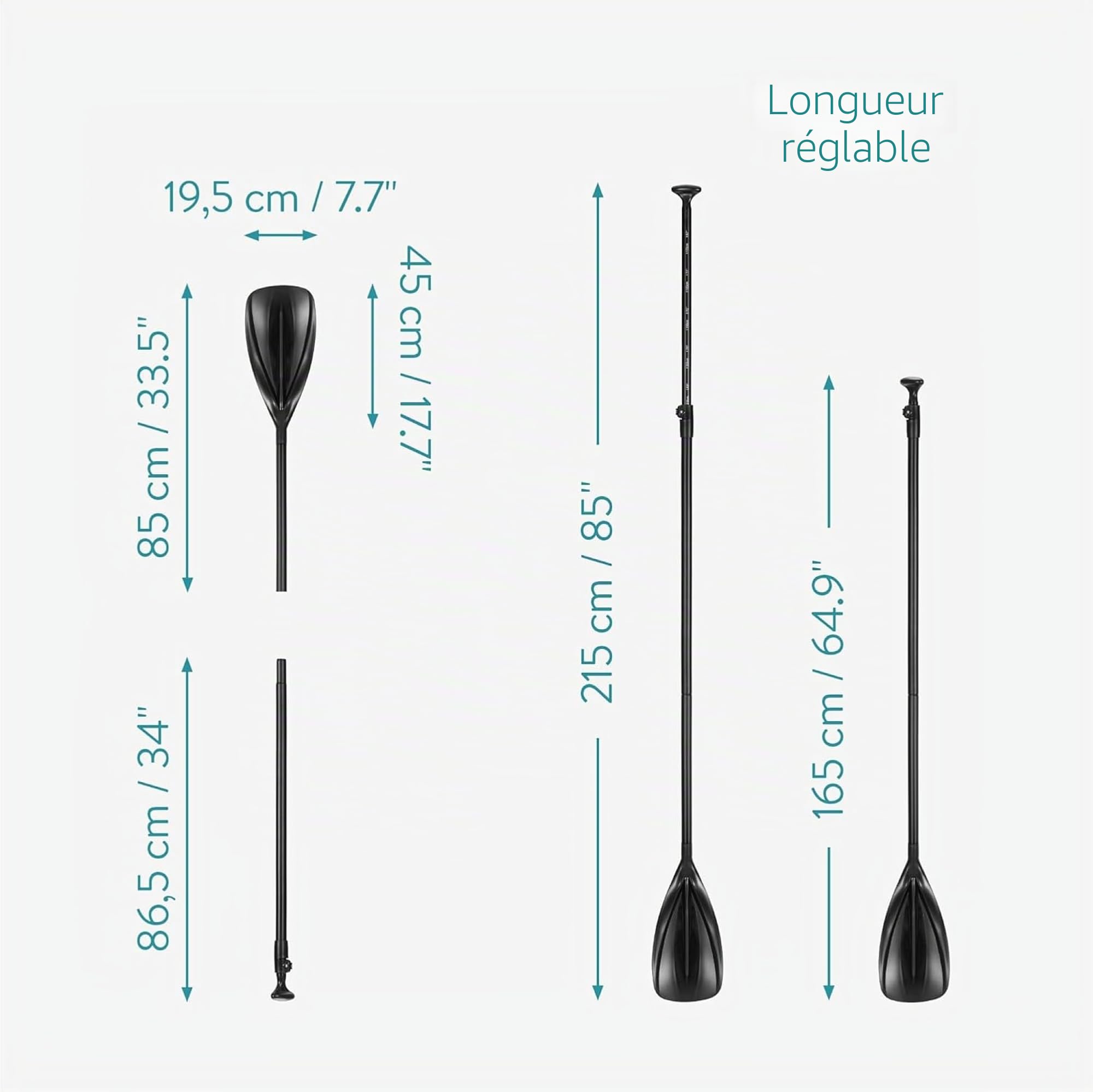Navaris Pagaie télescopique – Rame Extensible Entre 162-215 cm Longeur – pour Kayak canoé Bateau Gonflable Paddle Planche de Surf