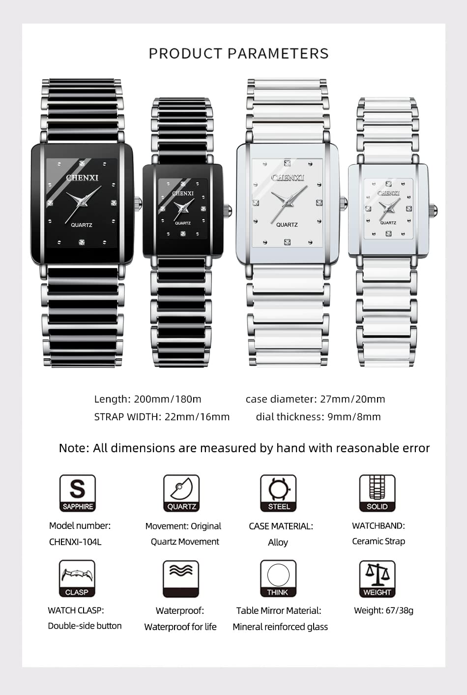 MASTOP Valentines Paar Quarzuhren Weiß Schwarz Rechteck Edelstahl für Sie und Ihn Armbanduhr für Männer Frauen Liebhaber Hochzeit Romantisches Geschenk Set von 2