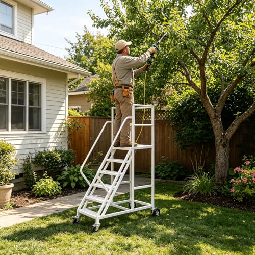 Image of 6-Step Rolling Warehouse Step Ladder, Lockable Wheels, Non-Slip Wide Steps, Dual Handrails, Movable Platform Ladder, Rolling Stairs for Warehouse, Supermarket, Library (White, 6 Steps)