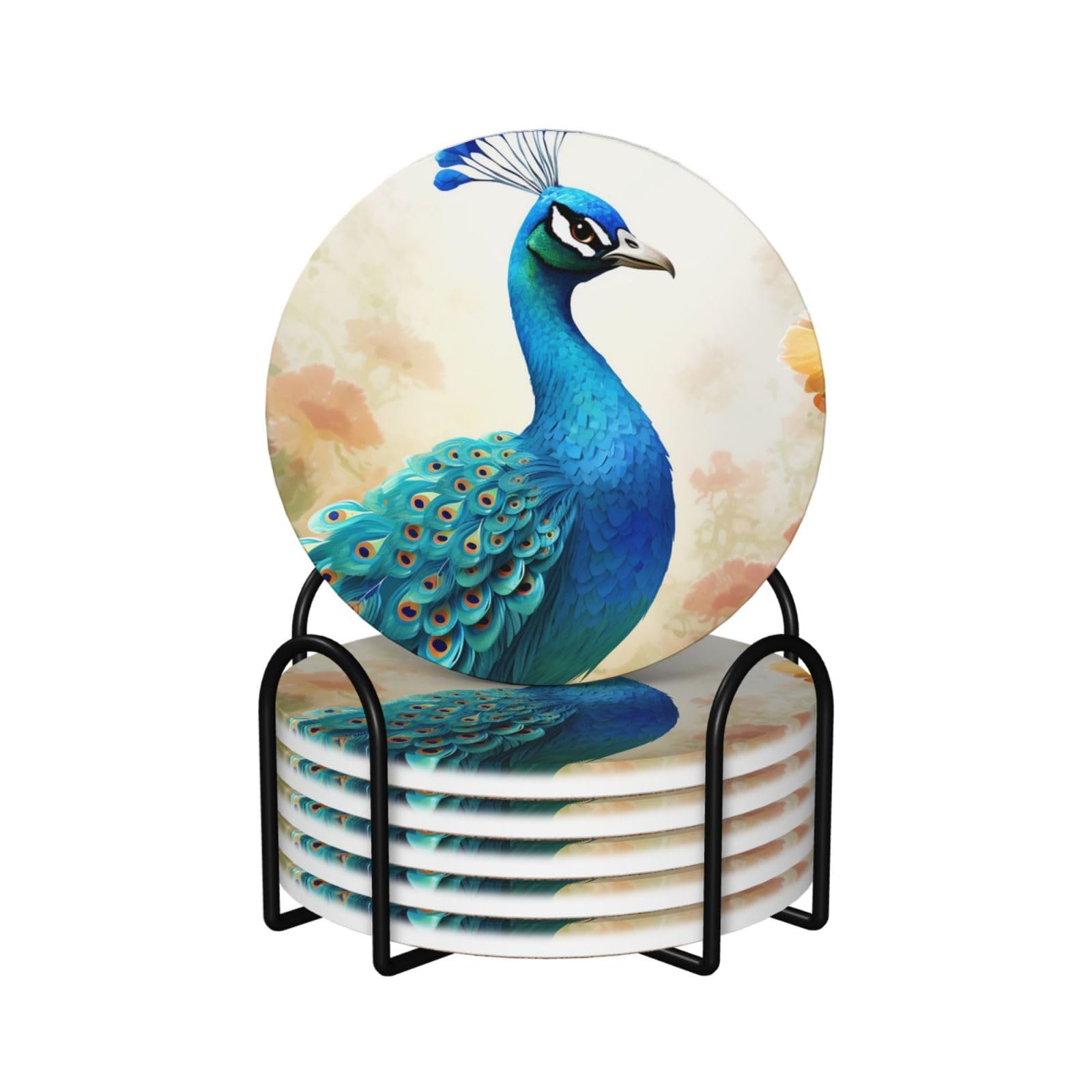 Dessous de verre en céramique antidérapants lot de 6 avec support motif paon bleu
