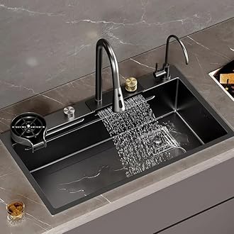 HAPPY HOMES 304 Grade24x18x10 Waterfall Kitchen Sink with Integrated Waterfall and Pull Down Faucet with Fruit Basket with Complete Accessories