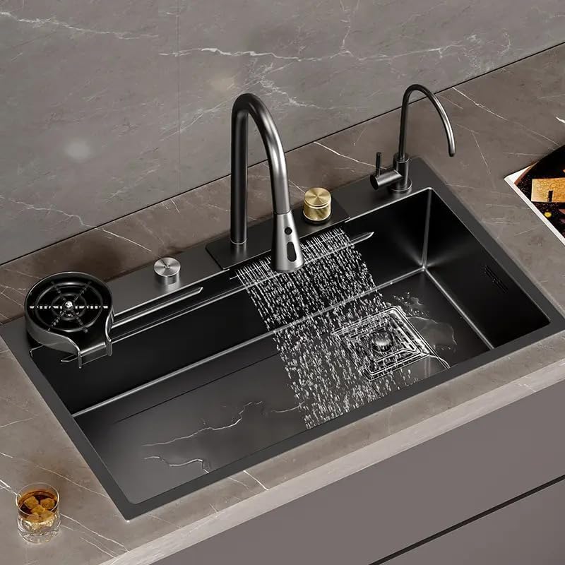 HAPPY HOMES 304 Grade24x18x10 Waterfall Kitchen Sink with Integrated Waterfall and Pull Down Faucet with Fruit Basket with Complete Accessories