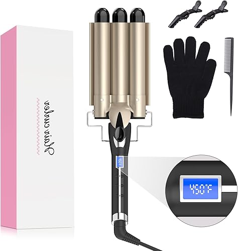 Ondulador de pelo de 3 barriles de 1 pulgada para ondas clásicas de playa, herramienta de crimpado para mujeres, 15 ajustes de temperatura de 170 a