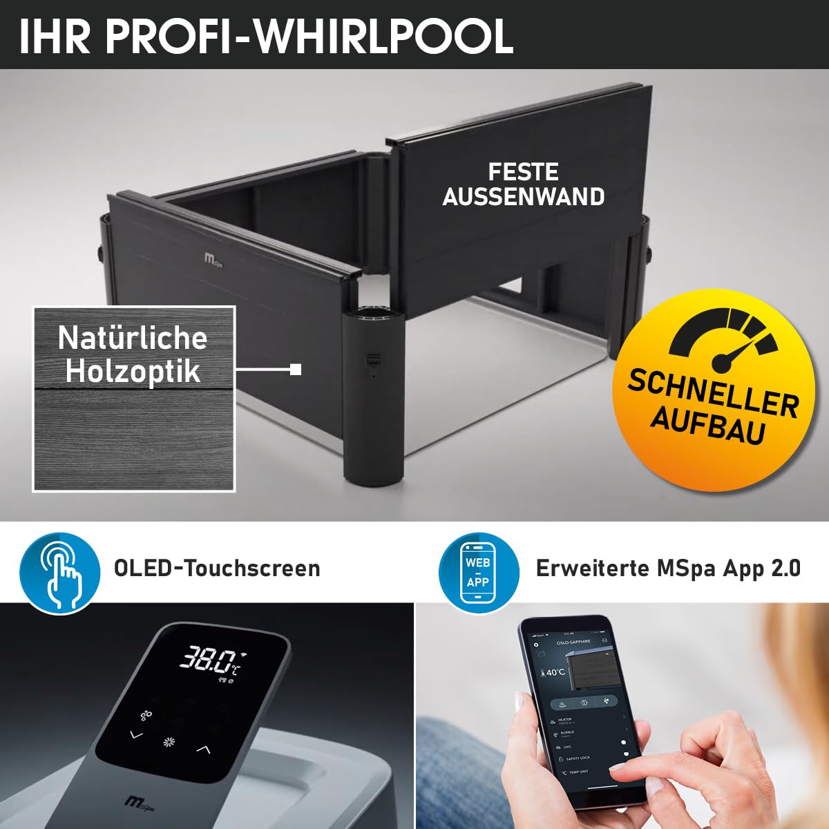 BRAST Whirlpool MSpa Oslo Sapphire | 160x160x65cm | 6 Personen | Feste Außenwand, LED-Beleuchtung mit 20 einstellbaren Farben, 120 Massagedüsen, Winterfest ganzjähriger Einsatz, In & Outdoor