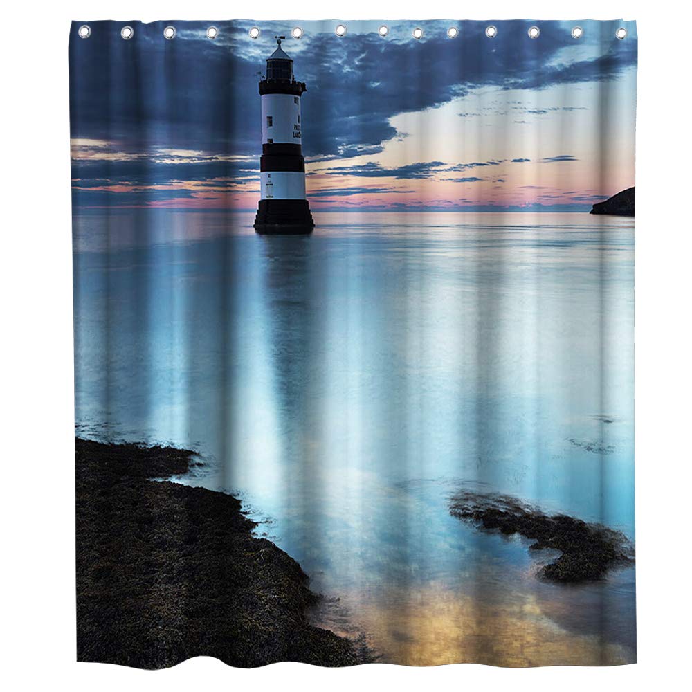 Nautical Lighthouse Shower Curtain Ocean Coastal Image Print Cloth Fabric Bathroom Decor Set with Hooks Waterproof 72W x 72L inches Blue Black