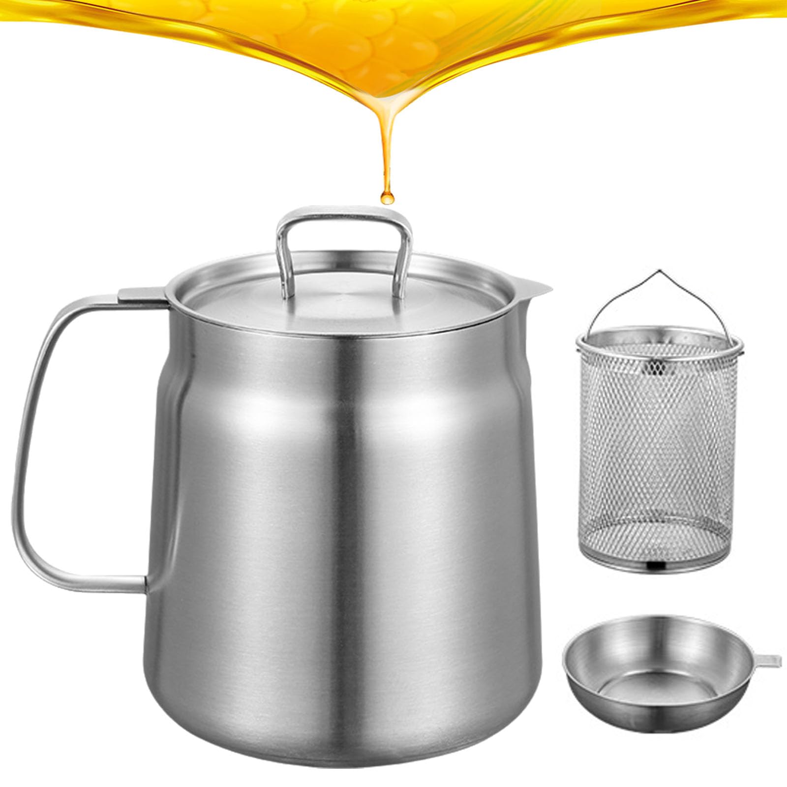 Olla coladora de aceite 2 en 1 de acero inoxidable 304, recipiente de filtro multifuncional grande con cesta de freír para cocinar, drenar y almacenar aceite de cocina