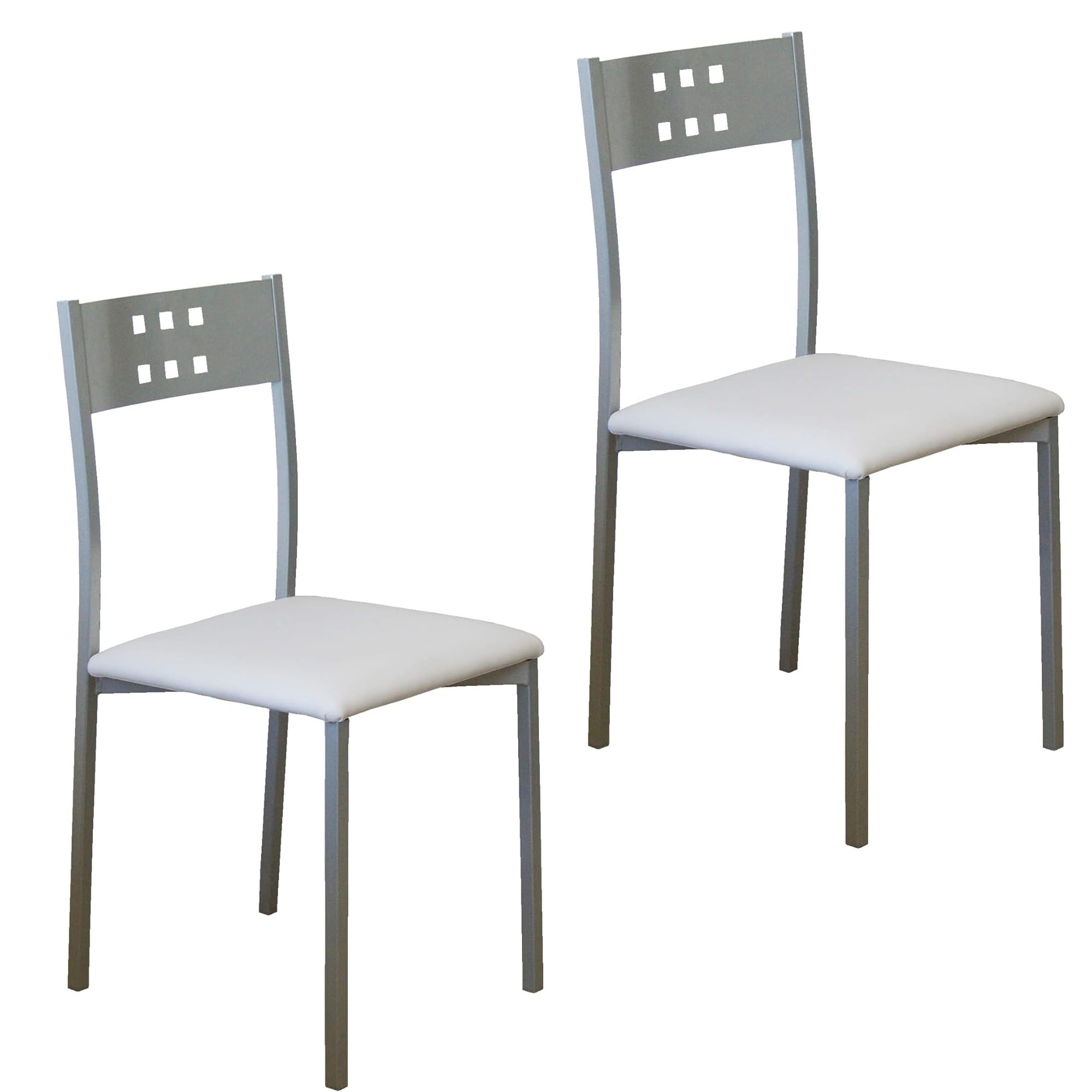MOMMA HOME Set 2 Sillas de Cocina y salón -Xara - Material Metal Color Plata y Asiento en Cuero sintético - Medidas 41 x 47 x 86 cm. (Blanco)