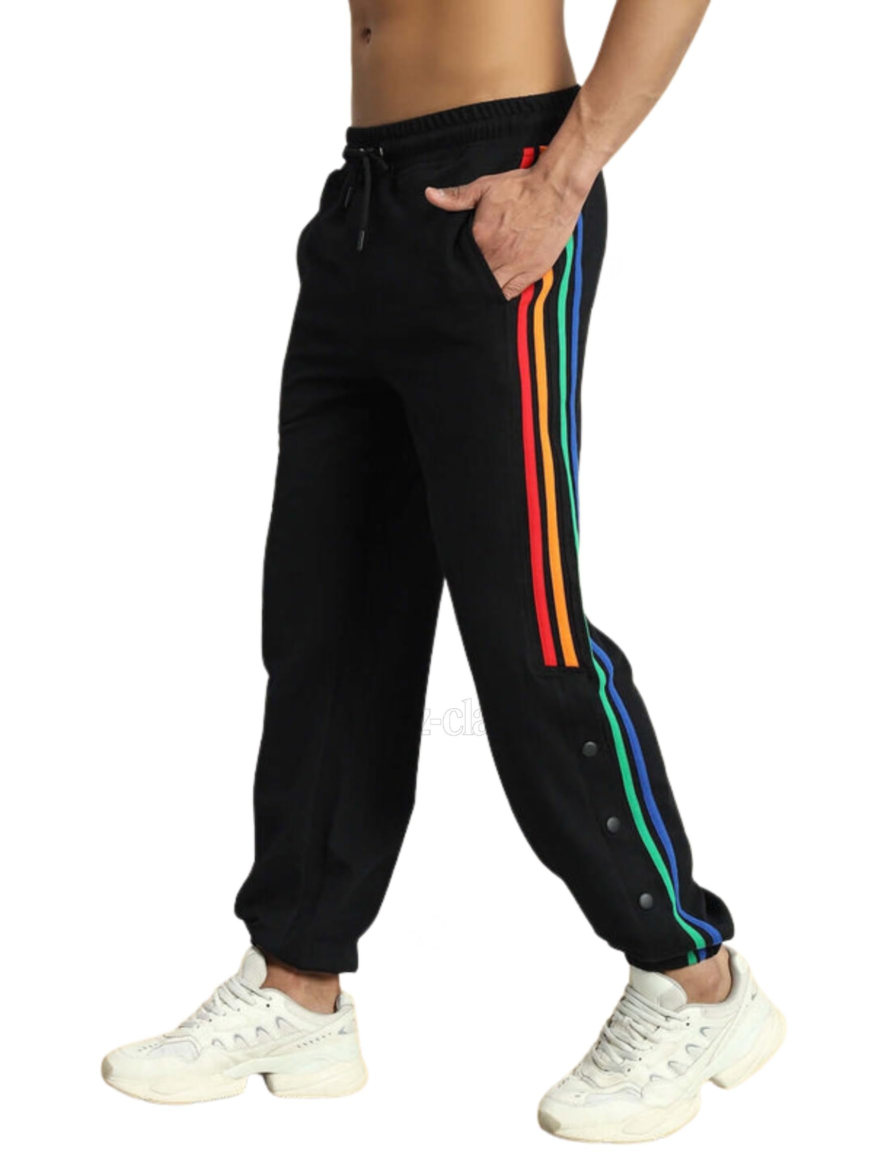 Genzclassic Men's Rainbow Stripe Track Pants with Side Snap Buttons, Athletic Jogger Lower | Black Multi-Color-picture-48