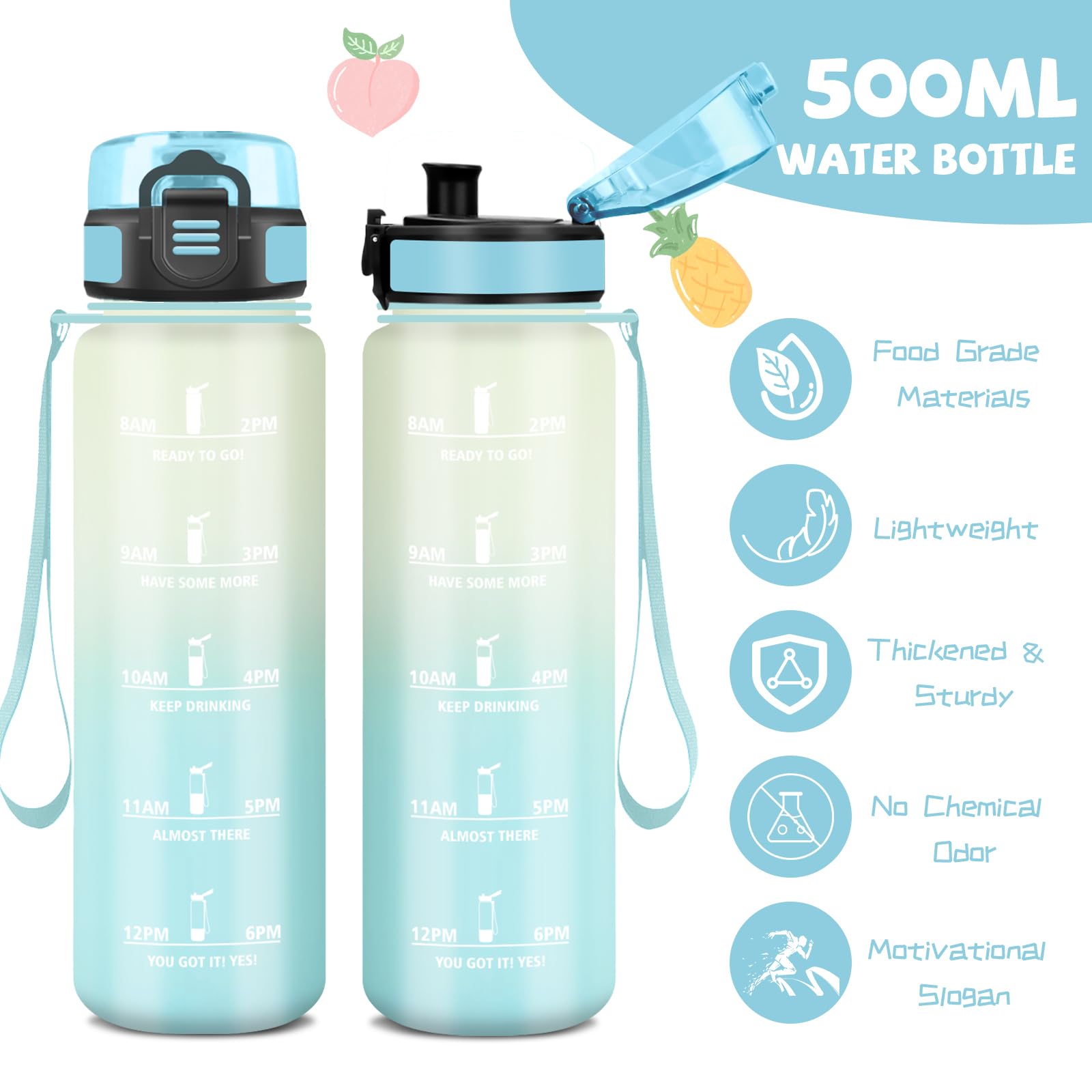 Mujigaga Gourde Enfant, Gourde 500ml, Anti Fuite, Gourdes Graduée pour 1 Journee, Facile à Nettoyer, Gourdes Enfant anti Fuite, Bouteille d'eau pour École, Camping, Vélo, Natation, Après-Sport - 3