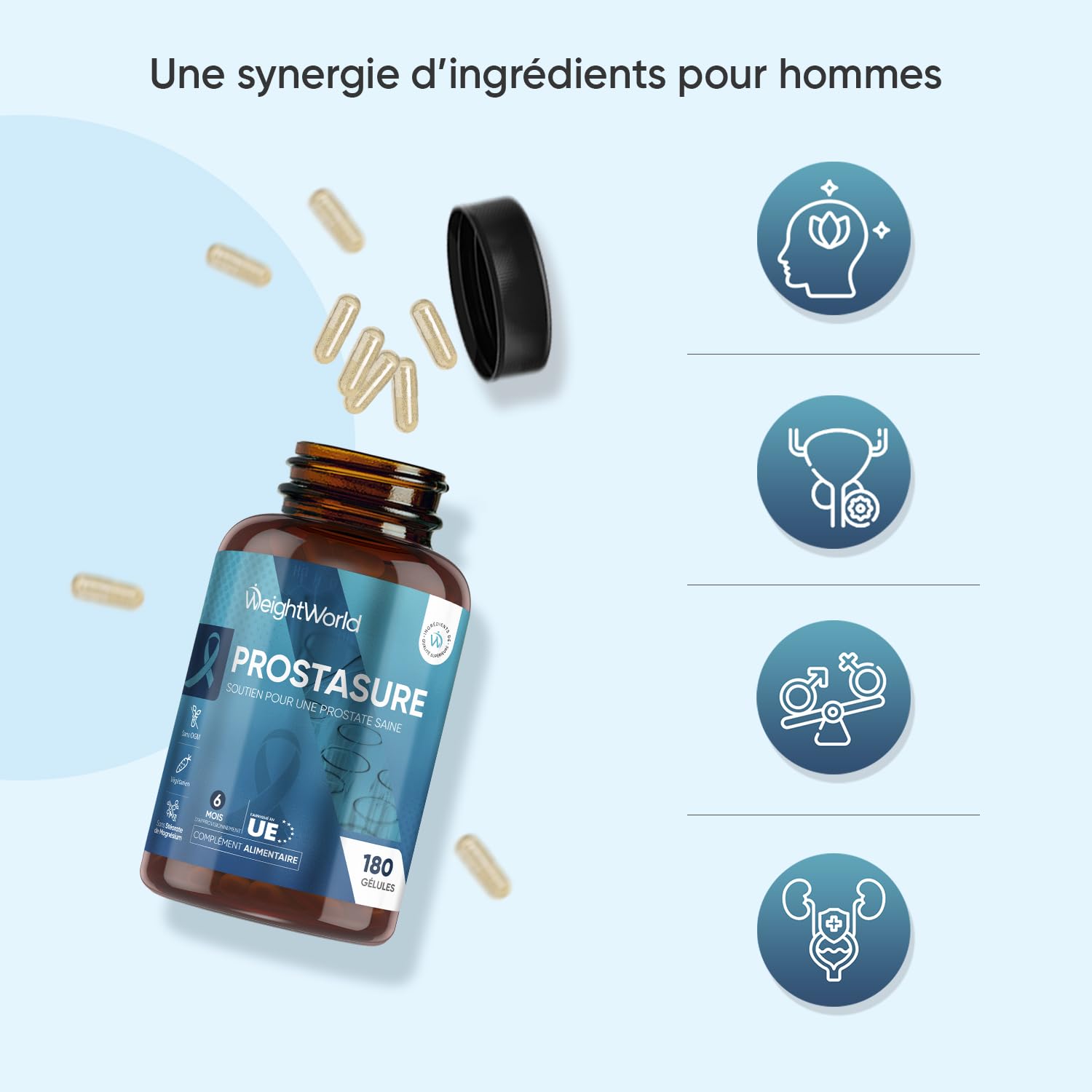 Prostasur 180 Gélules, avec Saw Palmetto Palmier Nain, Vitamines et Minéraux - Zinc, Vitamine B6 Vitamine D3, Graine de Courge Citrouille, Feuilles d'Ortie, 6 Mois - Prostasur pour Homme Extrait 20:1