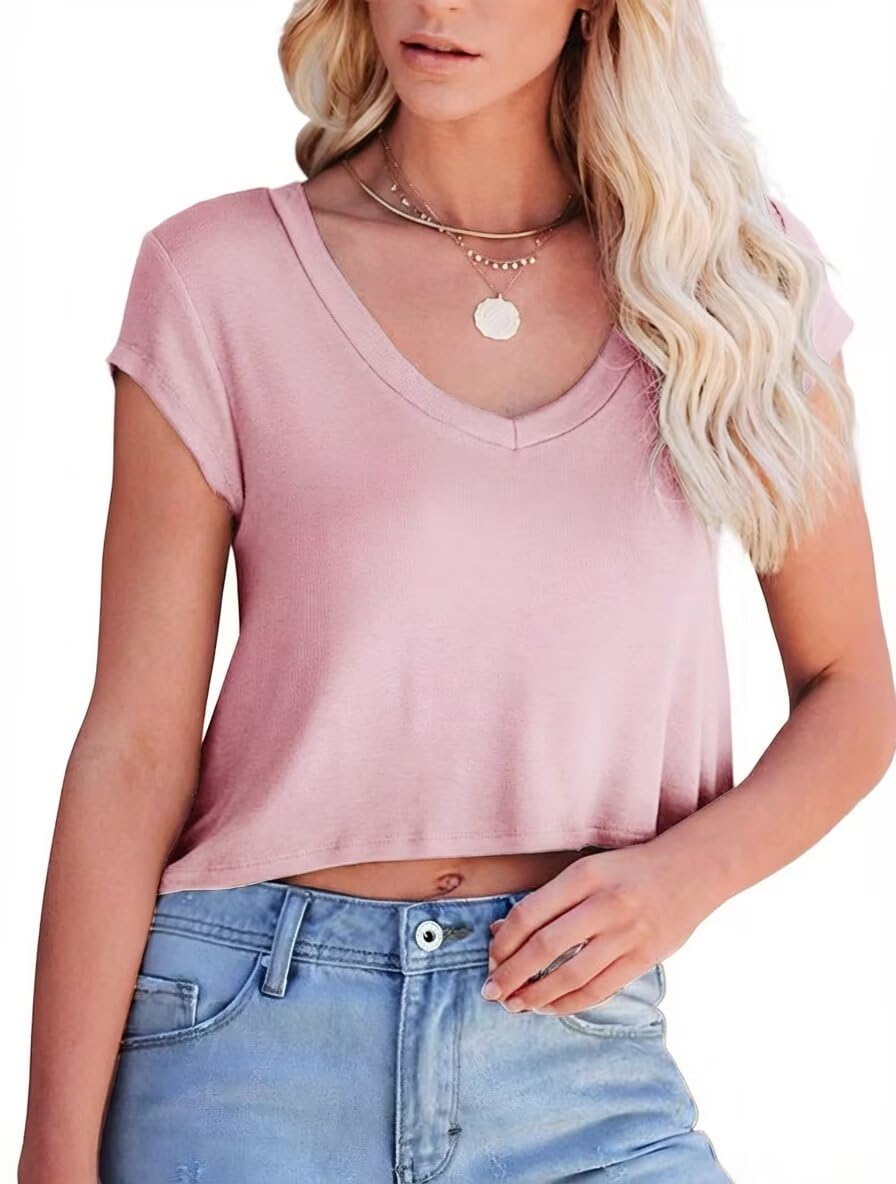 Dazevt Womens V Neck Crop Tops Loose Fit Cap Sleeve T Shirt Casual Summer Basic Tee
