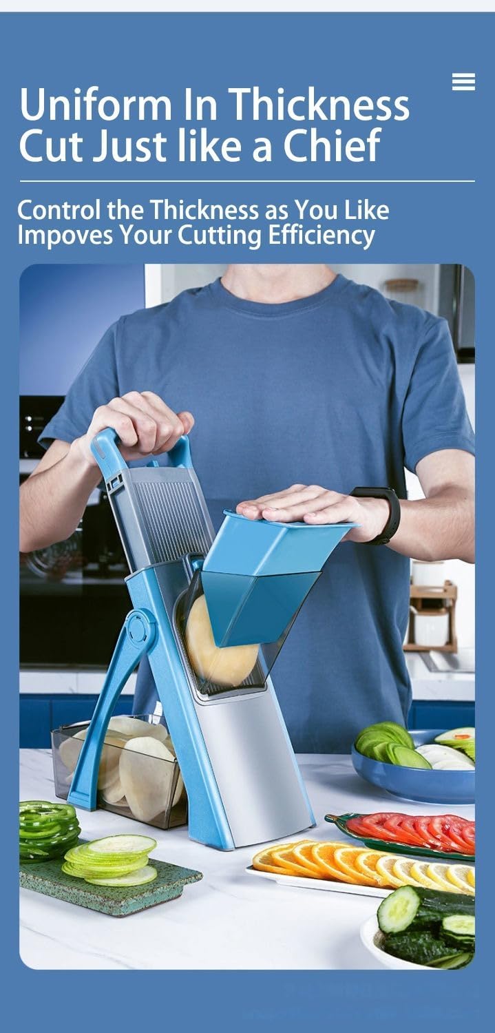 New Upgrade Safe Mandoline Slicer Plus, Biger Size, Adjustable Vegetable Food Chopper Potato Fries Cutter, Detachable Blade, Kitchen Chopping Artifact with Container. Blue