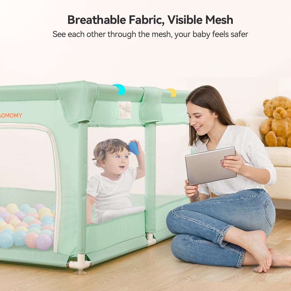 COMOMY Box per Bambini, 127 x 127 x 66 cm Recinto con 4 Pezzi Anelli, Morbida Rete Traspirante, Centro Attività, Verde