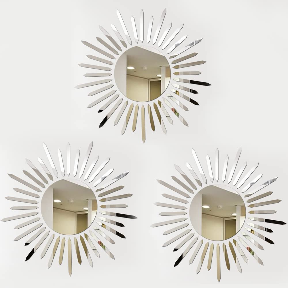 CATTY 3 Piezas Espejo de Pared, Espejo Decorativo, Etiqueta Engomada Pared Espejo, Espejo de Forma de Sol, para Hogar Sala de Estar Dormitorio, Decoración de Pared, Desmontable, Plata