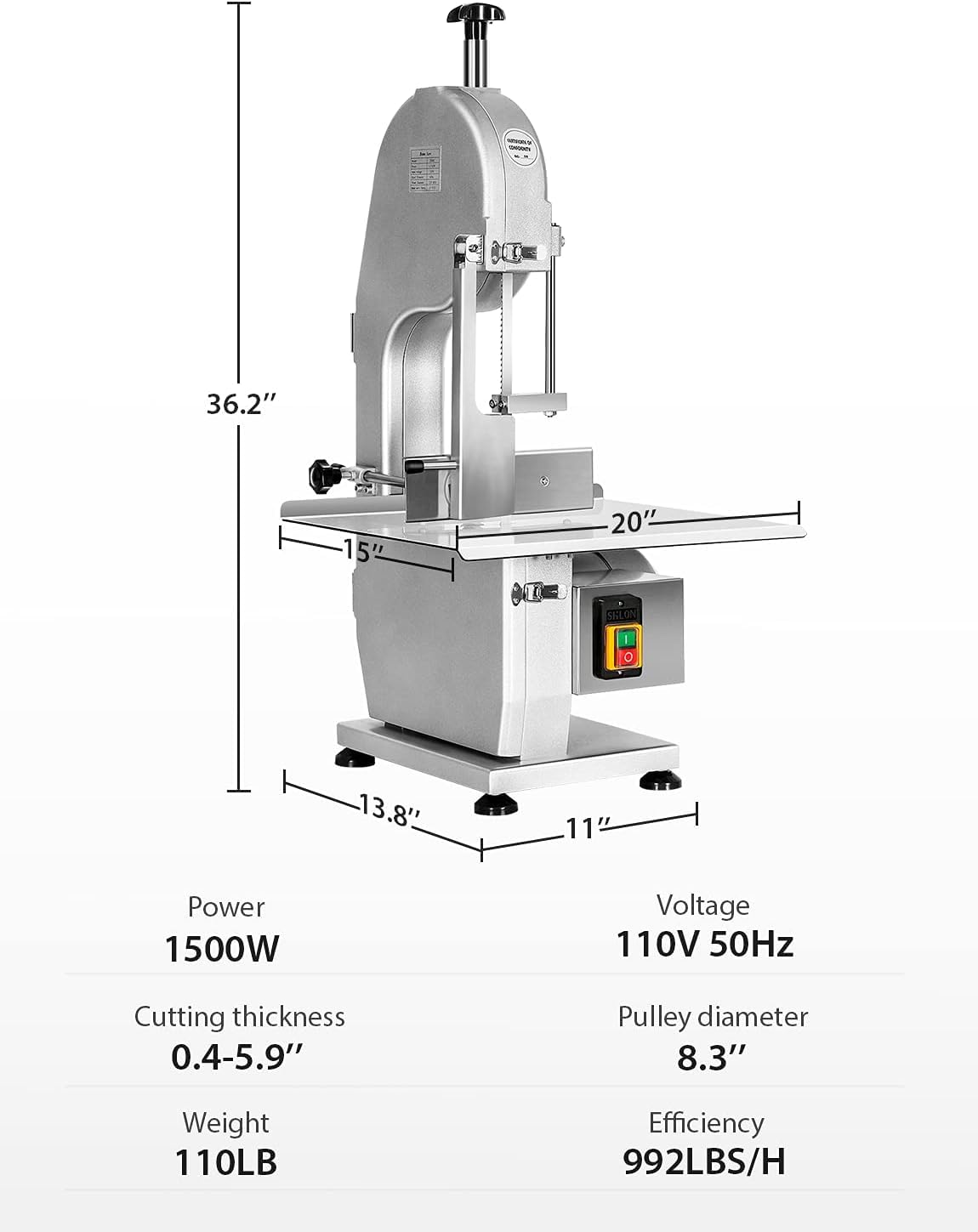 1500W Electric Meat Bone Saw Machine Bone Cutter Chop 0.8-5.9”Thickness, 2.6HP 110V Commercial Meat Band Saw for Butcher Cutting Frozen Meat into Slicer 20x15”Table Sawing for Chicken Fish Beef Tuna