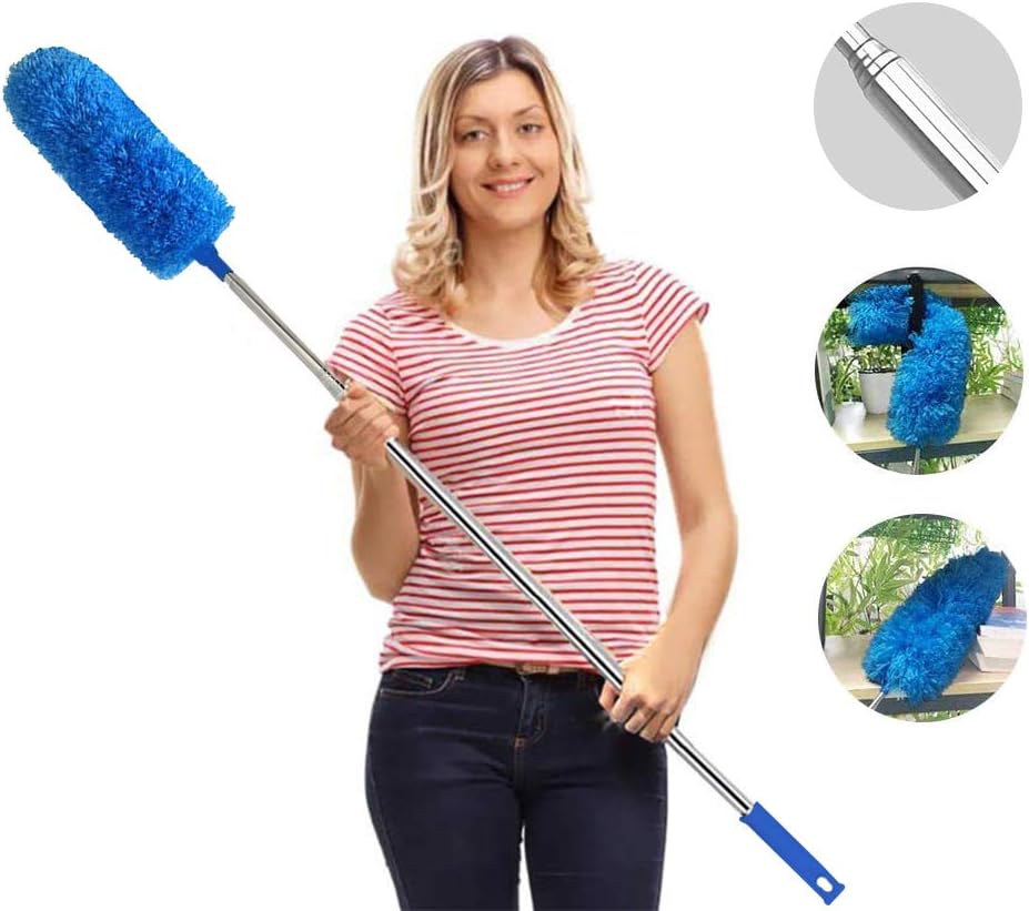 Feather Duster,Duster Extendable for Cleaning with Telescoping Extension Pole Extendable Duster for Cleaning High Ceiling Fan,Blinds, Baseboards,Cars(Blue)