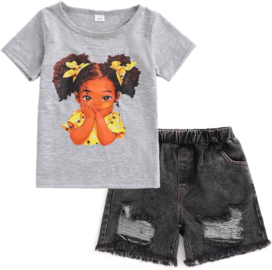 Toddler Girls Summer Clothes Cute Girl Character Print T-Shirt + Washed Ripped Denim Shorts 2 Piece Outfits