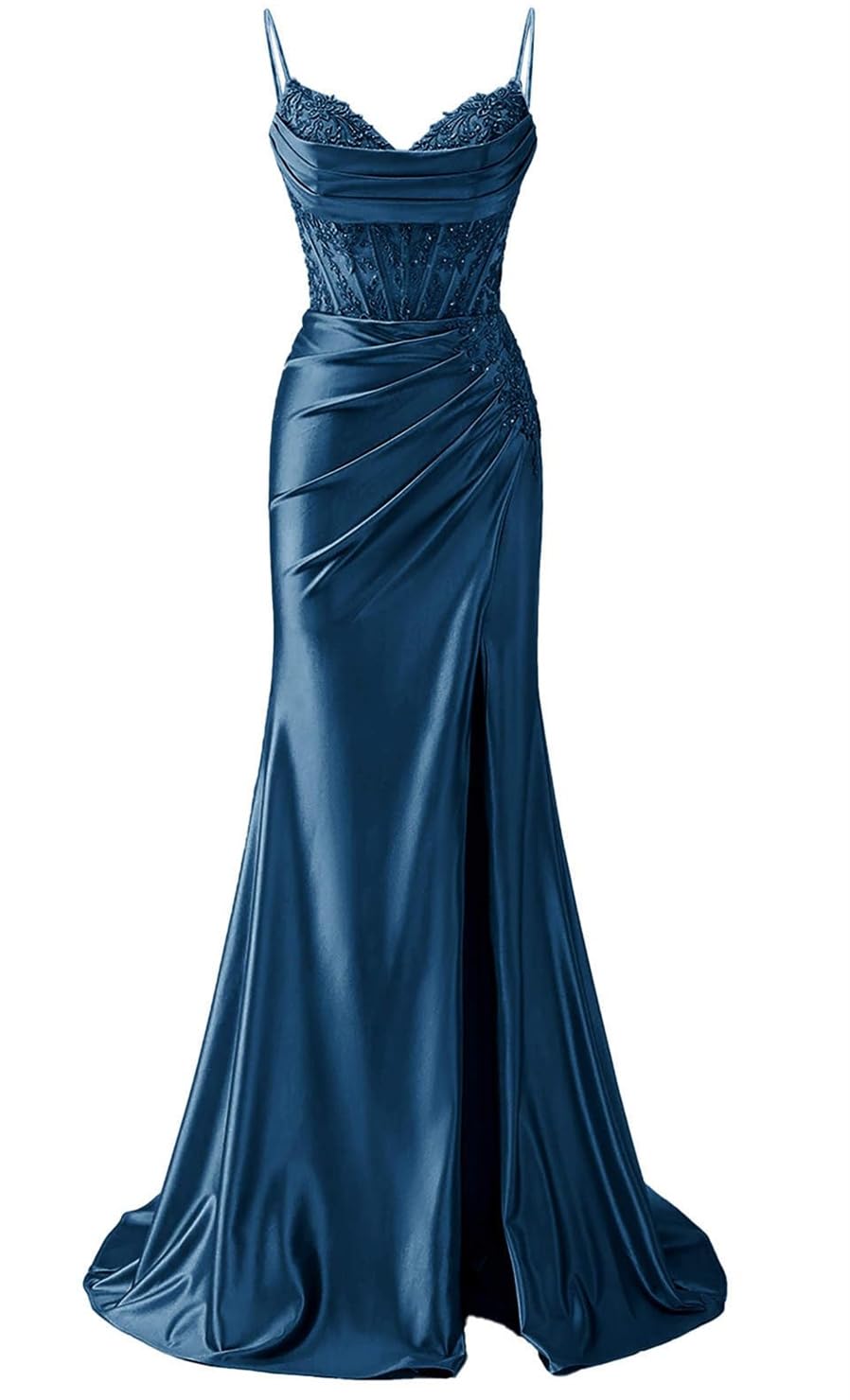 YIANN Peacock Satin Prom Dresses with Slit for Women Lace Applique Mermaid Formal Dress Evening Gown UK6