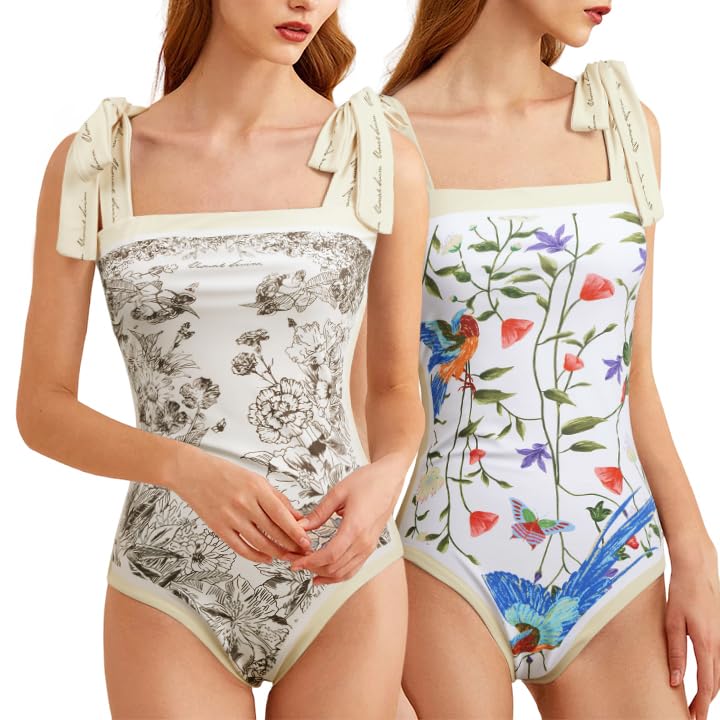 Image of SKAYS Reversible Floral One Piece Swimsuit Women Bathing Suit Vintage Cute with Adjustable Straps Swimwear