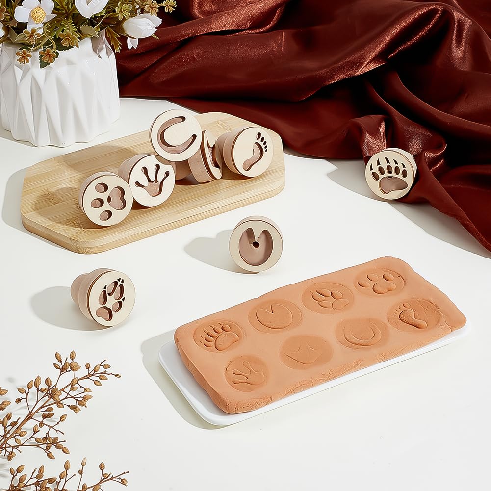 PH PandaHall Juego de 8 sellos de arcilla de madera, sellos redondos de huellas de huellas de animales pequeños de madera natural con asa para manualidades, arcilla y cerámica, 4,3 x 3,8 cm