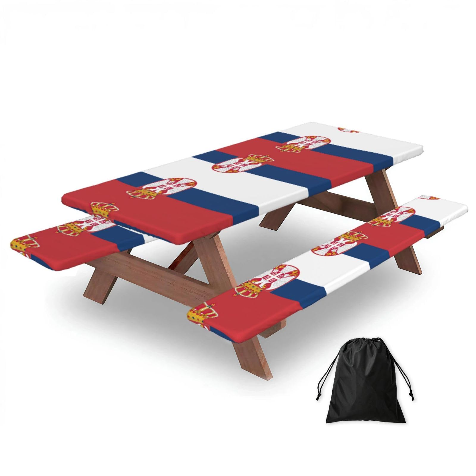 Yqxwjl Black Flag Of Serbia Print Camping Essentials Waterproof Camping Table And Bench Cover With Drawstring Bag 183 Cm