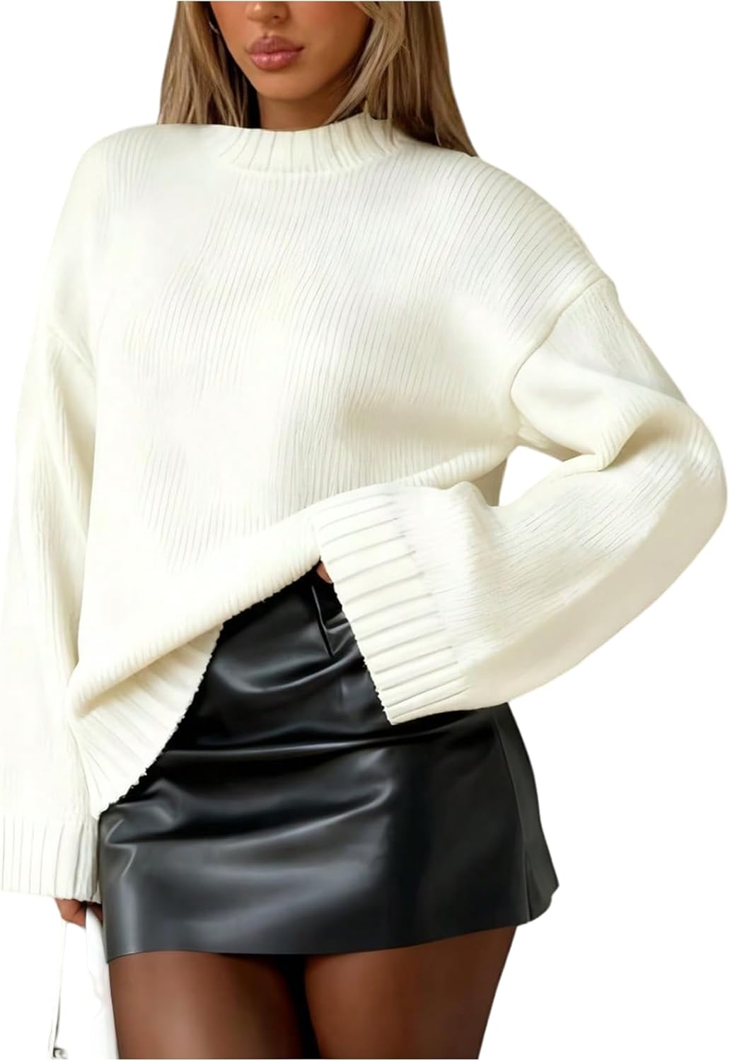 GORGLITTER Women's Oversized Sweater Crew Neck Bell Long Sleeve Loose Fall Trendy Knit Pullover Sweaters