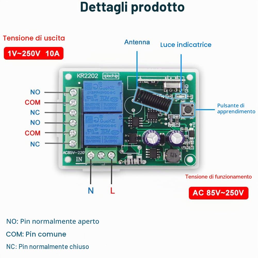QIACHIP AC 220-240V Interruttore di Controllo Remoto Wireless 433MHz RF 2 Canali Ricevitore Relè con 2 Telecomandi
