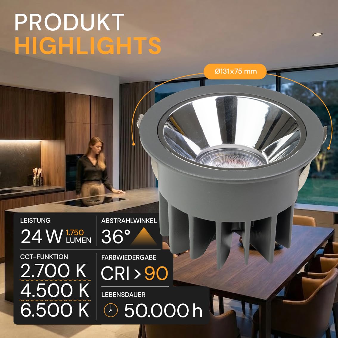 Einbaustrahler LED 24W 4 Stück - LED Modul 230V, Einbauleuchte CCT für Decke, 2700K 4500K 6500K einstellbar, 1750lm, Ø 131x75mm, 36°, UGR<19, CRI90, IP65, Deckenspot LED-Leuchtmittel