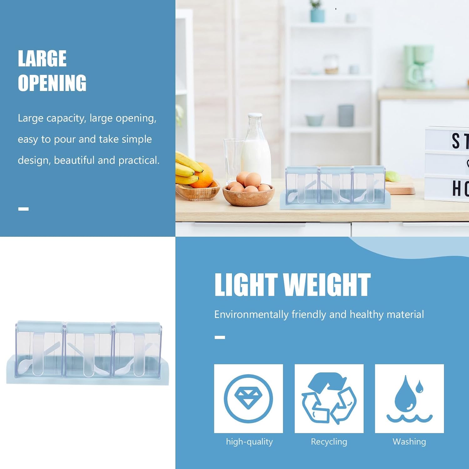 Square Seasoning Storage Container Set with Lid, PP Blue Organizer