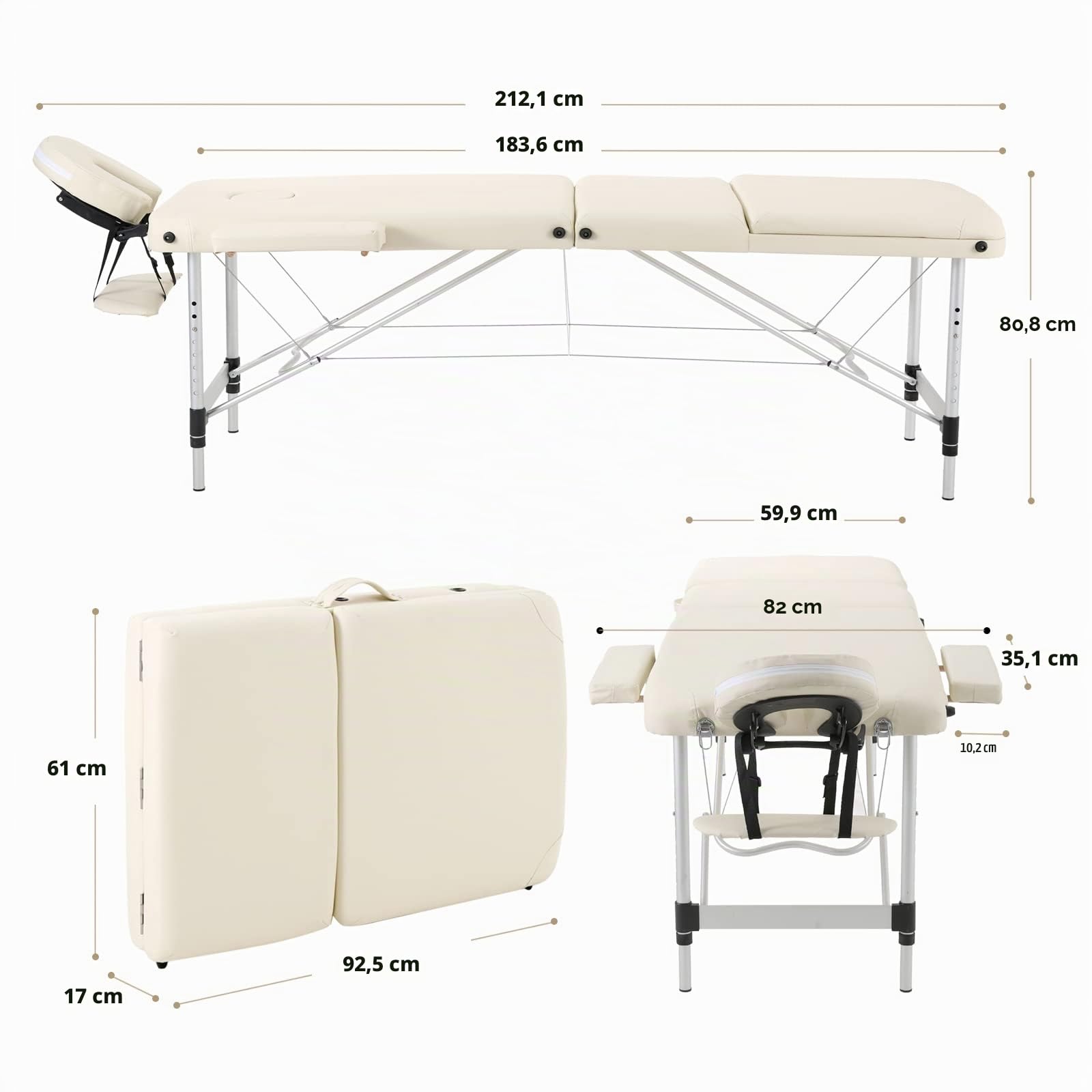Panana Tragbare Massageliege Klappbar 3 Zonen Höhenverstellbarer Massagetisch mit Kopfstütze & Armlehnen Massagebank Aluminium Tattoo-Tisch (Beige)