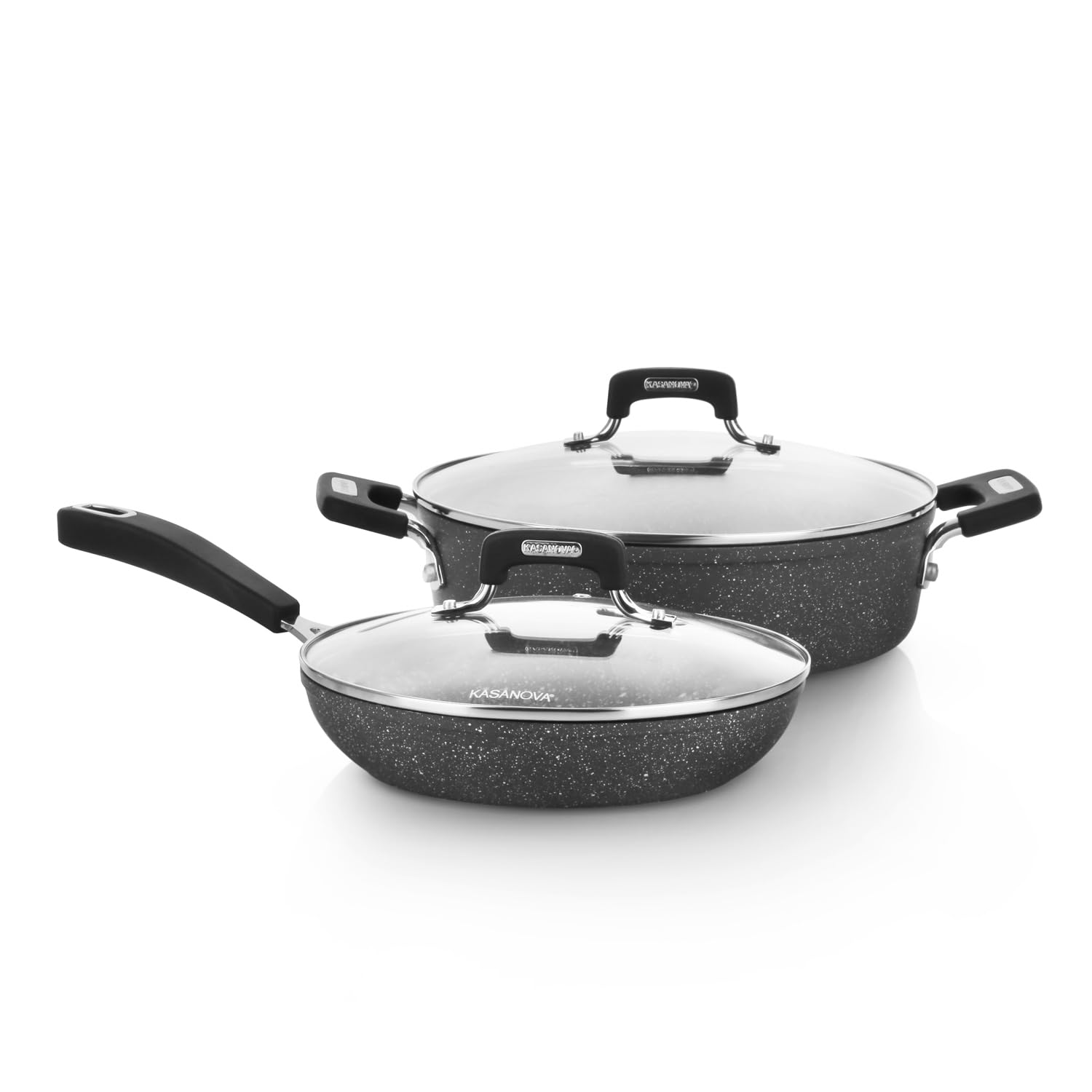 KASANOVA New Petra Dark Cookware Set, Pot and Pan Set Induction and Oven up to 180°C, Non-Stick Cookware Set with Pot Holder and Steel Spoon (4 Pieces)