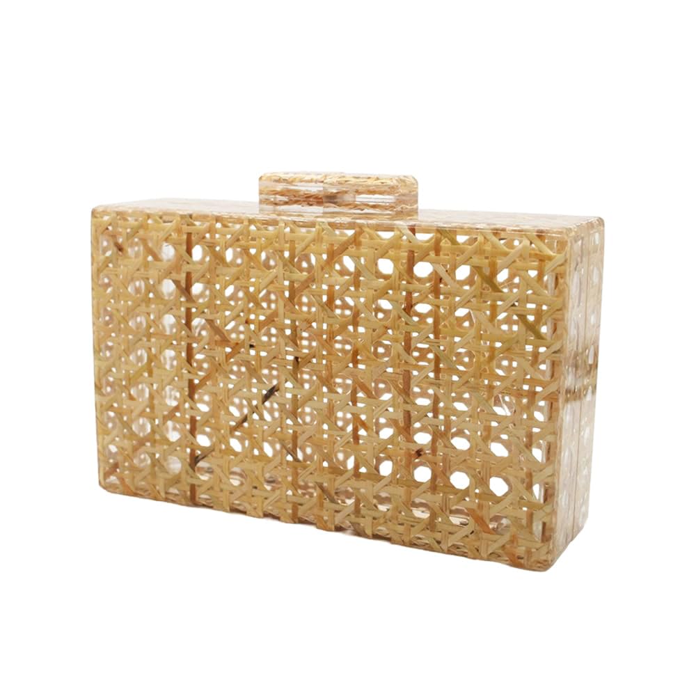 RomanticDesign Women Acrylic Handbag Rattan Woven Pattern Square Box Crossbody Handbag Shoulder Bag Chain Purse
