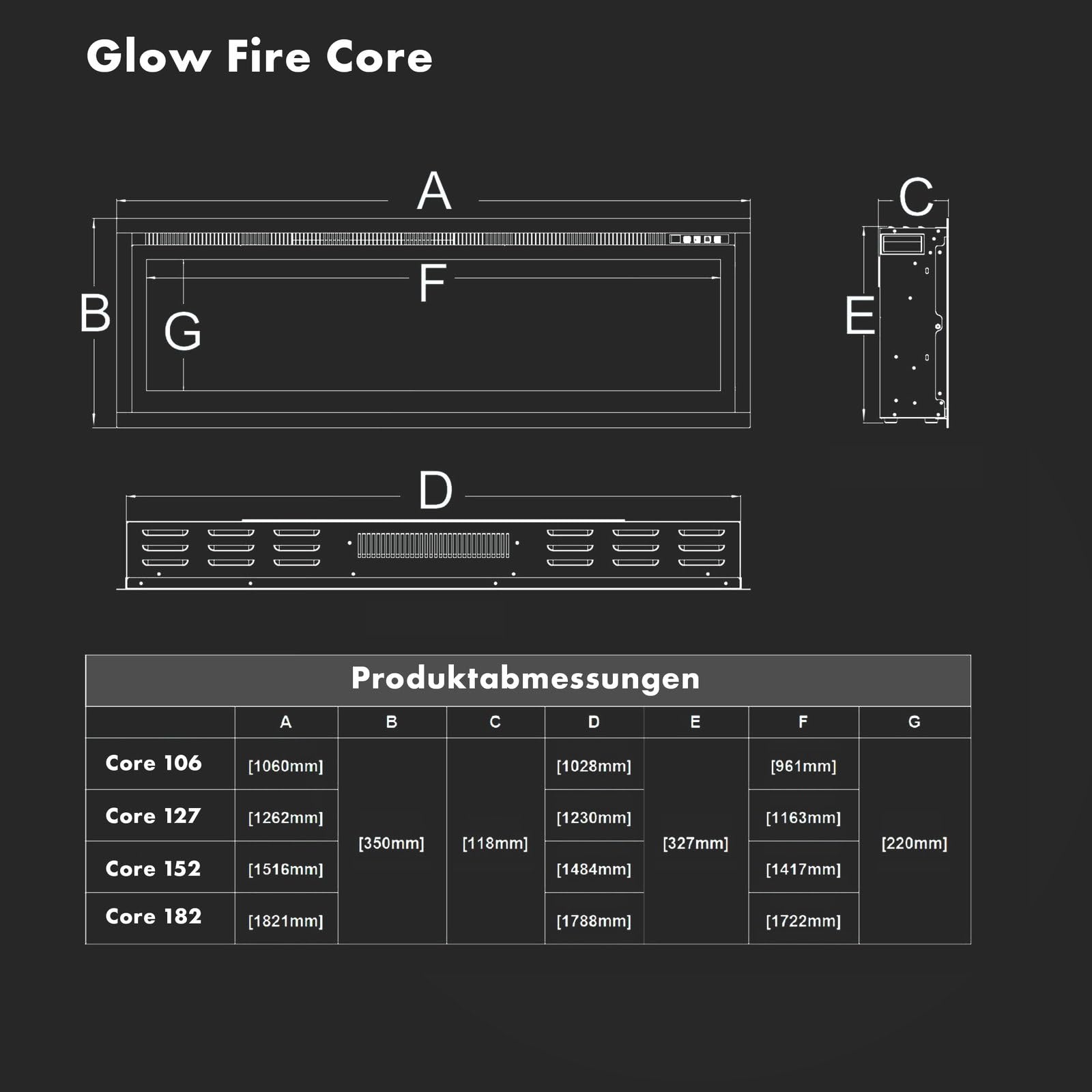 GLOW FIRE Kominek elektryczny Core 127 z realistycznym ogniem LED 3D – ścienny kominek elektryczny z ogrzewaniem i ogniem, sterowanie za pomocą aplikacji, efekt trzaskania i timer, maks. 1800 W, 127 x