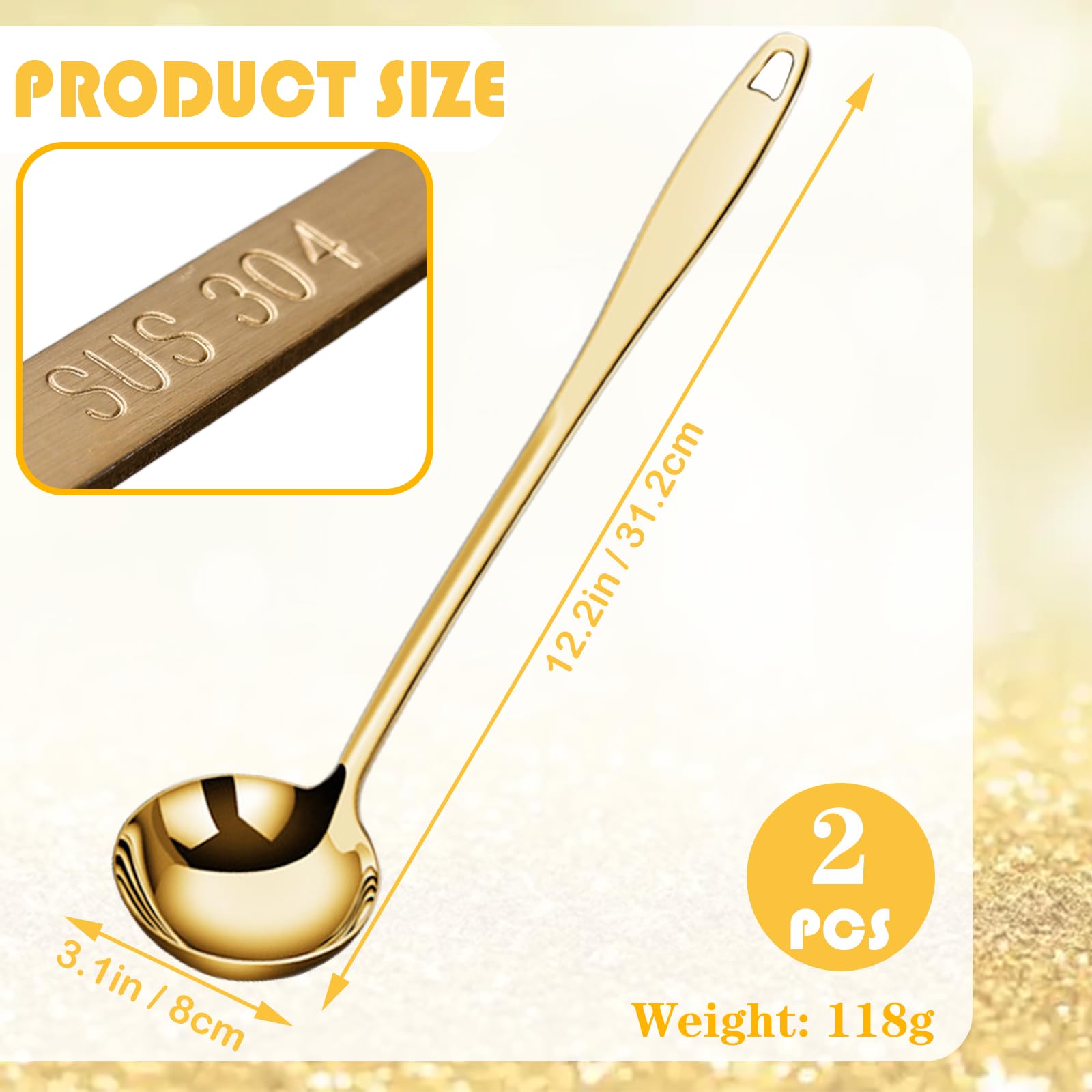 Bigwinyep 2Pcs Soup Ladle Soup Spoons 304 Stainless Steel Gold Ladle, 12.2Inch Long Handle Large Serving Spoon for Cooking Buffet, Party, Kitchen, Gold