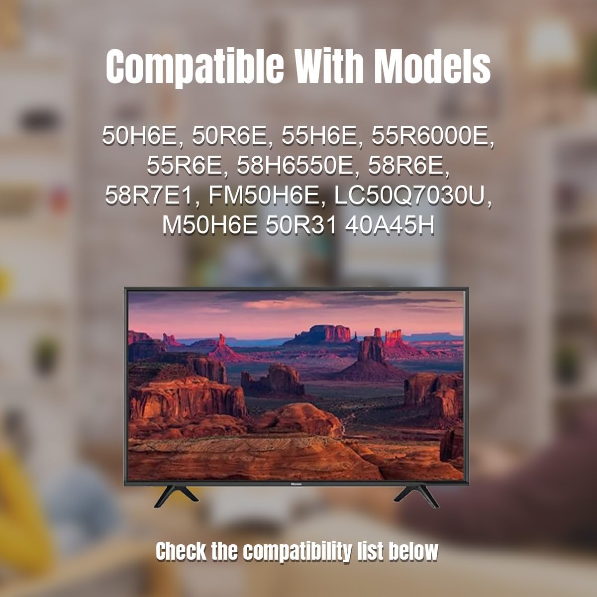 Image showing a television with the Ceybo TV stand installed, alongside a list of compatible models.