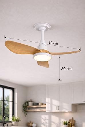 Ahşap Görünümlü LED Tavan Vantilatörü, 82 cm, Beyaz/Siyah, Plastik, Uzaktan Kumandalı, Dimmerli Aydınlatma, 6 Kademeli Hız Ayarı, İç Mekan [Enerji Sınıfı F]