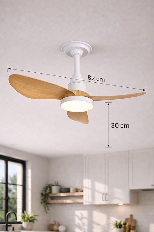 Ahşap Görünümlü LED Tavan Vantilatörü, 82 cm, Beyaz/Siyah, Plastik, Uzaktan Kumandalı, Dimmerli Aydınlatma, 6 Kademeli Hız Ayarı, İç Mekan [Enerji Sınıfı F]