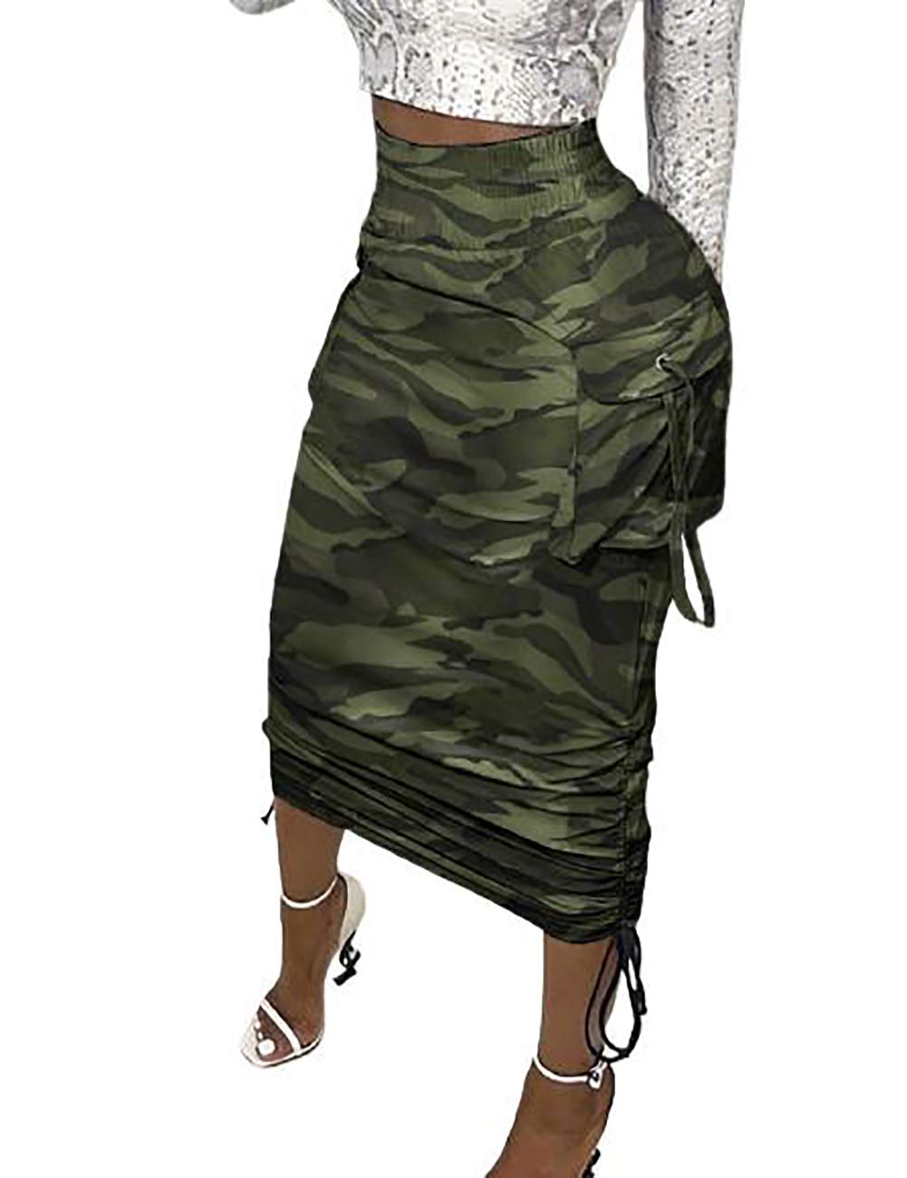 BoutiquefeelWomens Maxi Skirt Casual Slim High Waist Pocket Design Wrap Ruched Long Skirt