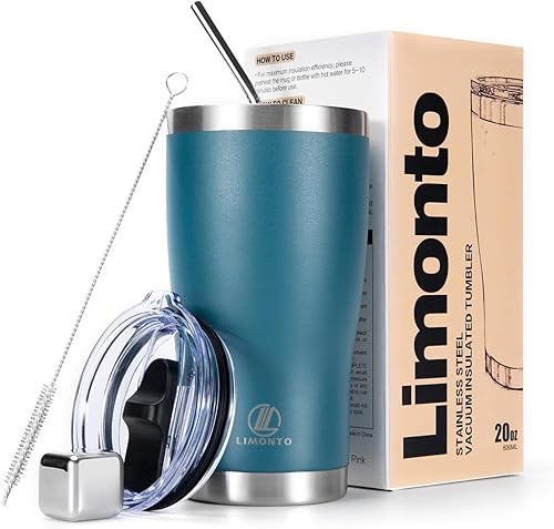 Vaso de 20 onzas con tapa y popote, botella de agua aislada al vacío con cubo de hielo de acero inoxidable, taza de viaje a prueba de fugas para