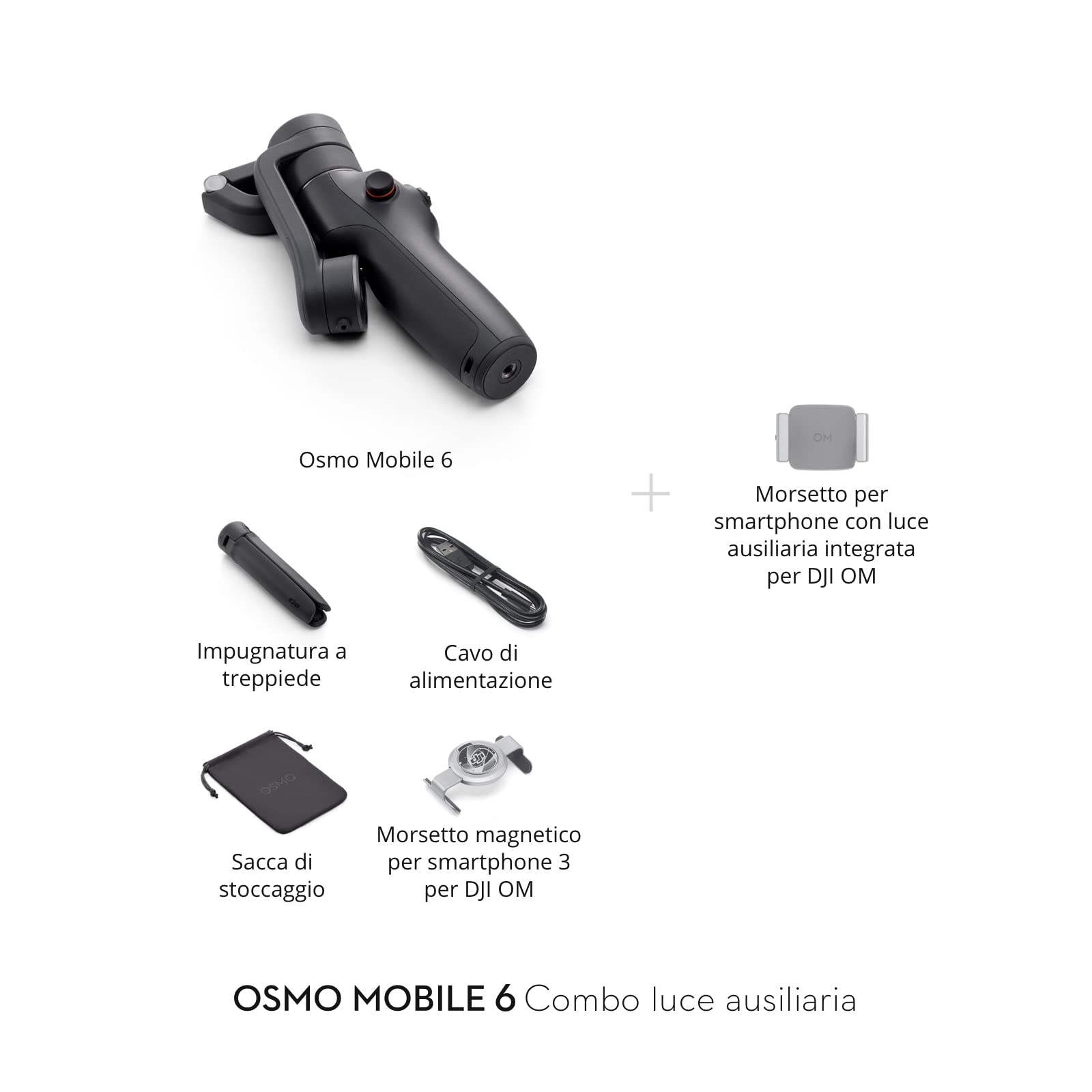 DJI Osmo Mobile 6 Fill Light Combo, stabilizzatore per smartphone a 3 assi, manico integrato, portatile e pieghevole, per Android e iPhone, tracciamento oggetti, grigio ardesia