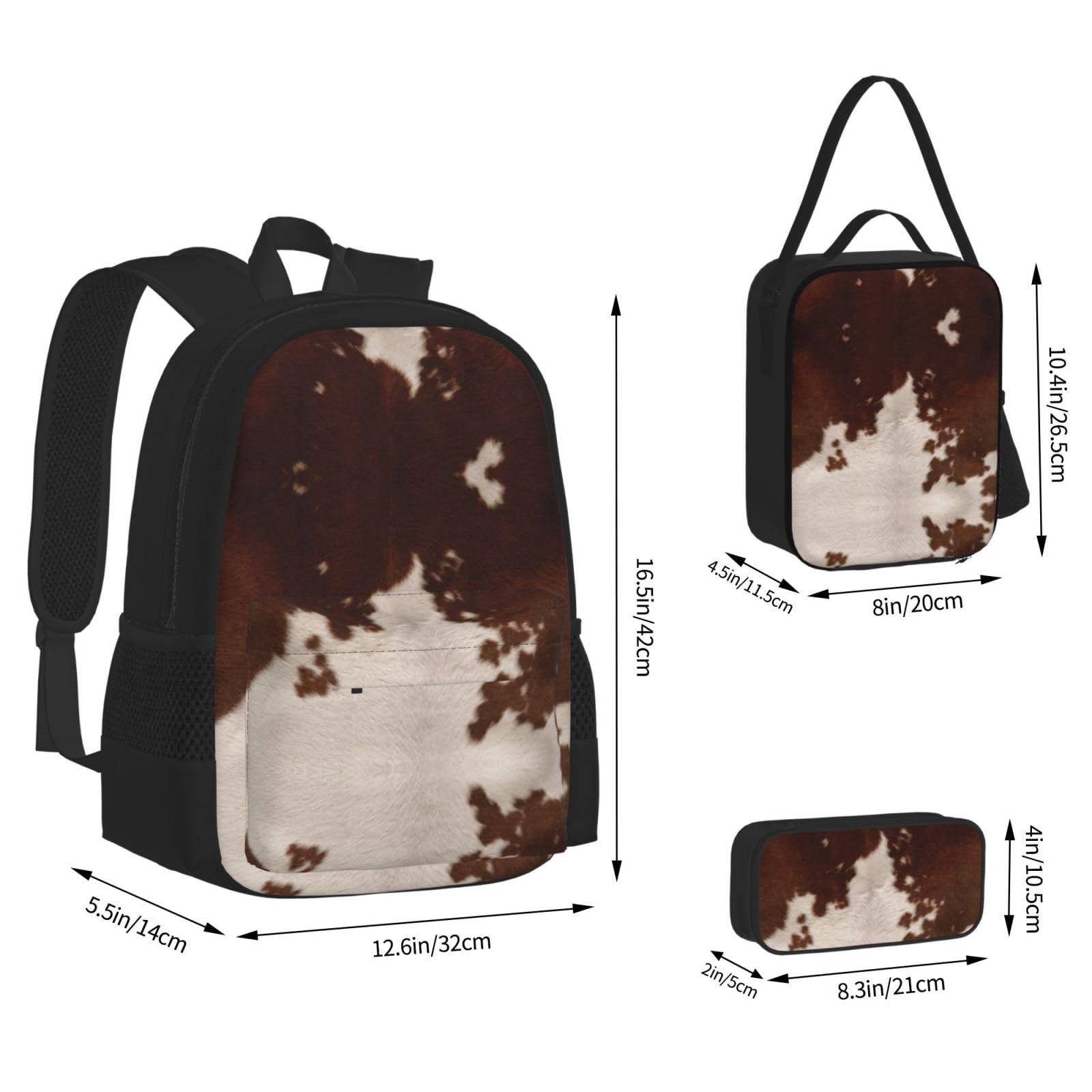Juego de 3 mochilas escolares con estampado de piel de vacuno rojo y marrón, mochila para laptop de gran capacidad, resistente al agua, con bolsa de almuerzo aislada y estuche para lápices