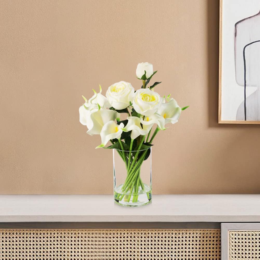 ENOVA FLORAL 18 Heads Calla Lily Flowers Real Touch in Glass Vase Mixed Rose Artificial Flowers, Artificial Flowers in Vase with Faux Water for Dining Table Centerpieces, Wedding Event (White)