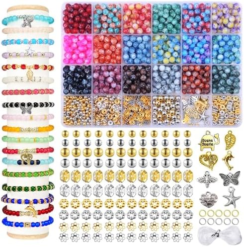 1280pcs 6mm Glass Beads for Bracelets, Bracelet Making Kit 24 Style Crystal Beads for Jewelry Making Round Beads DIY Crafts with Spacer Beads Charms Accessories