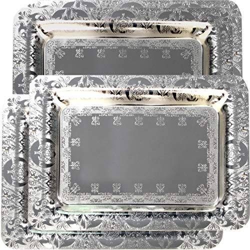 Plateau de service Maro Megastore (paquet de 4) 47 cm x 33 cm Plateau de service chromé chromé Bordure florale Gravé Assiette de vin Anniversaire Mariage Tla-069